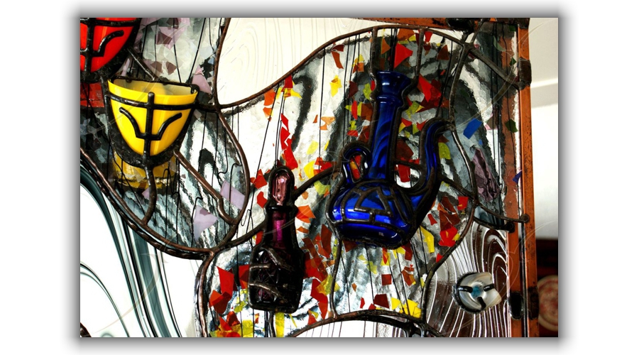 contemporary sculpture artwork in glass & metal with scientific theme