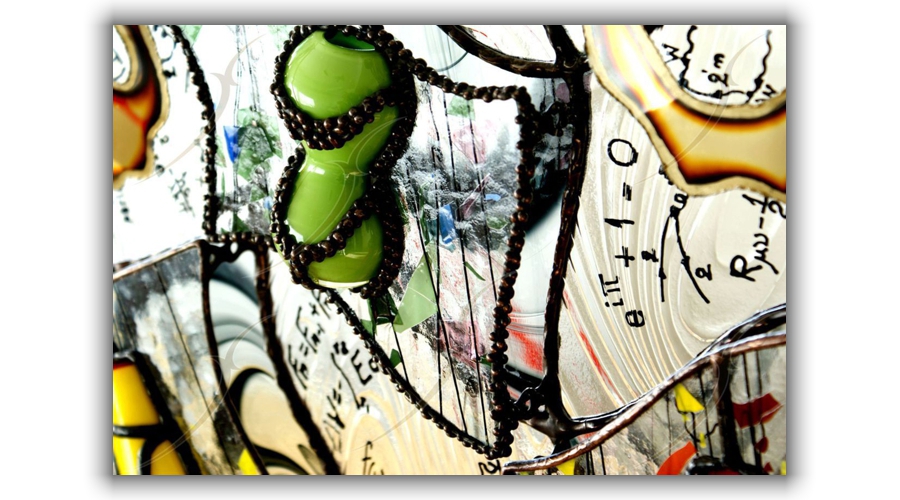 contemporary sculpture artwork in glass & metal with scientific theme